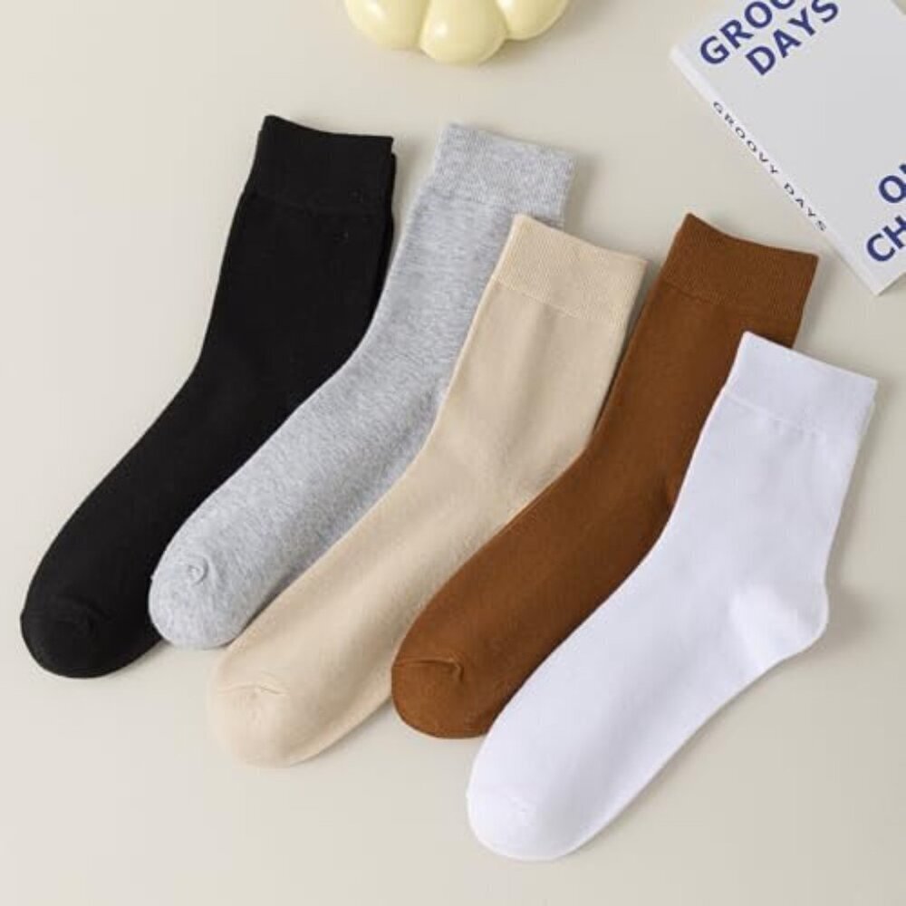 Thin Cotton Crew Socks Soft Casual Aesthetic Minimal Everyday Wear 5 Pairs - Picture 6 of 8